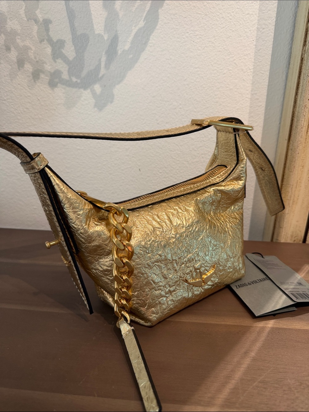 Zadig & Voltaire Gold Metallic Shoulder Bag with Chain Accent